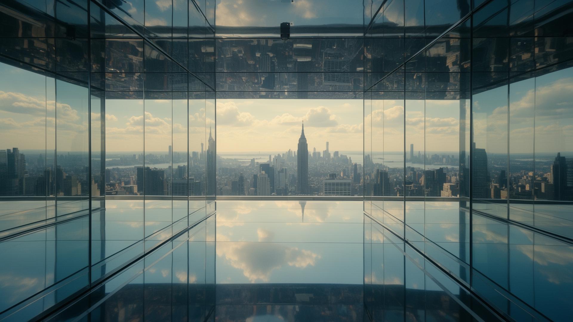 A mirrored observation deck high above the city skyline